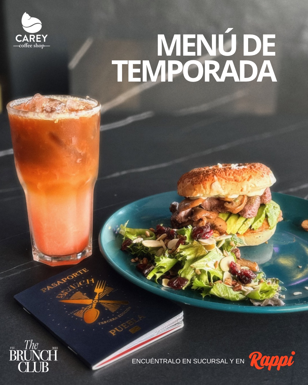 Menú de temporada de Carey con pan tipo hamburguesa, salchicha y bebida