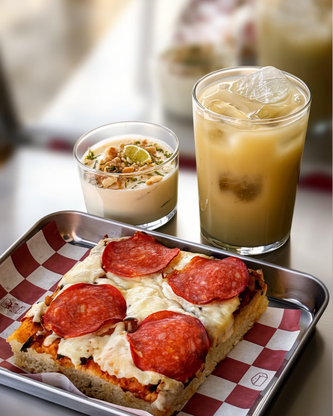 Menú de temporada de Focatto con focaccia de pepperoni y bebidas