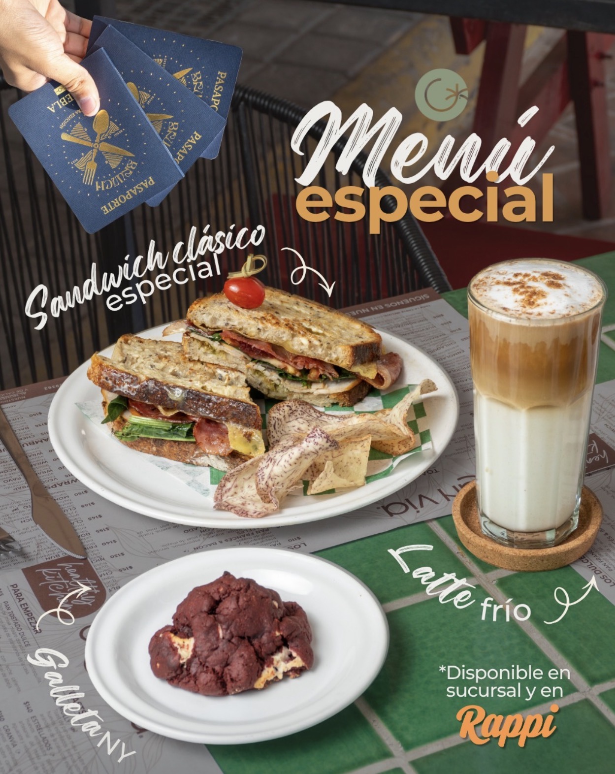 Menú de temporada de Gran Vía con sándwich, galleta red velvet y latte frío