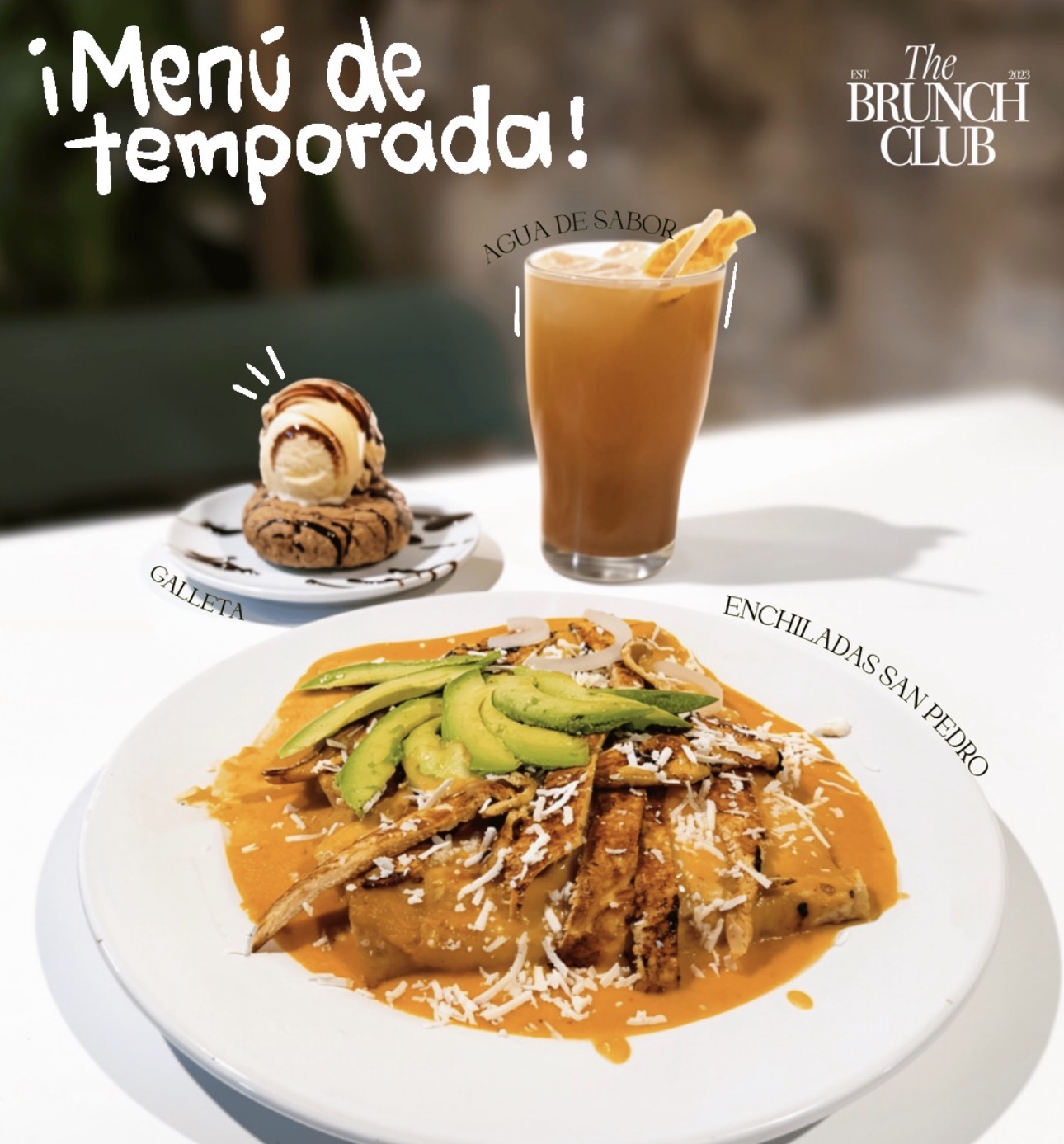 Menú de temporada de Jhonny Boy con enchiladas, agua de sabor y galleta con helado