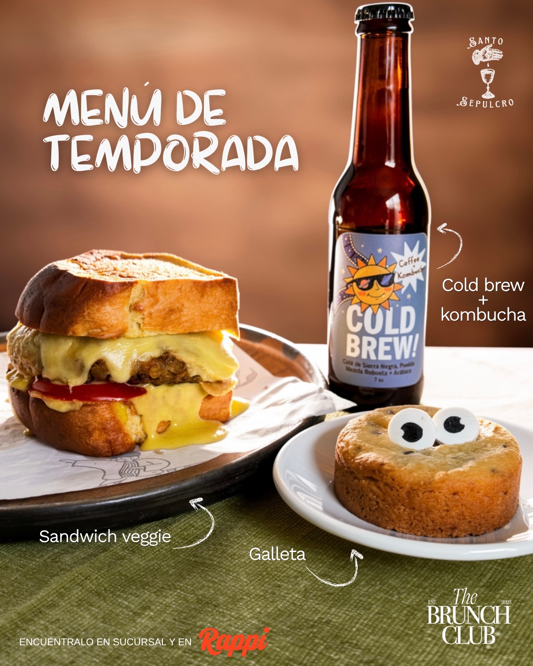 Menú de temporada de Santo Sepulcro con sándwich, galleta y cold brew kombucha