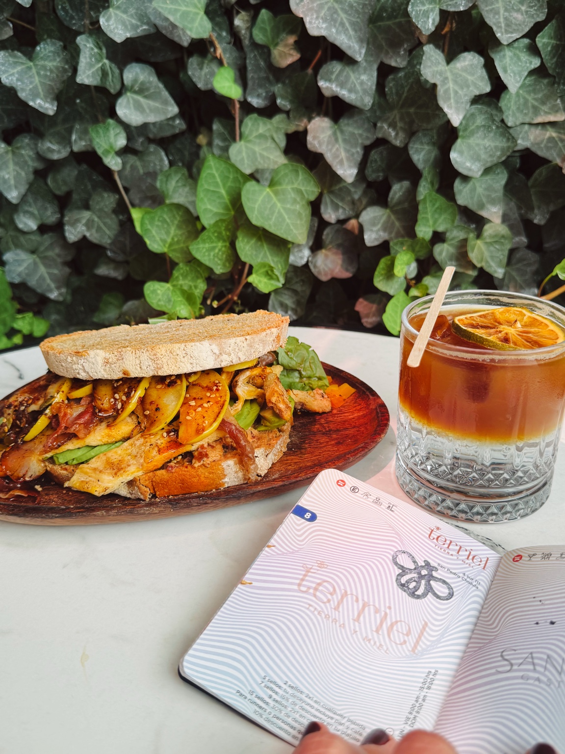 Menú de temporada de Terriel con plantas, pasaporte y espresso tonic